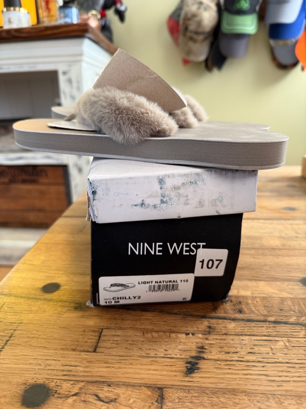 Nine West Light Natural Faux Fur Slide Sandals
